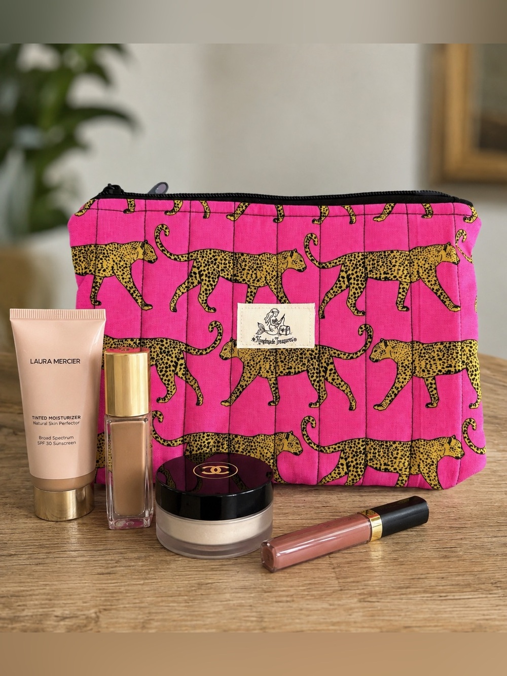 Handmade Leopard Print Cosmetic Pouch - Pink